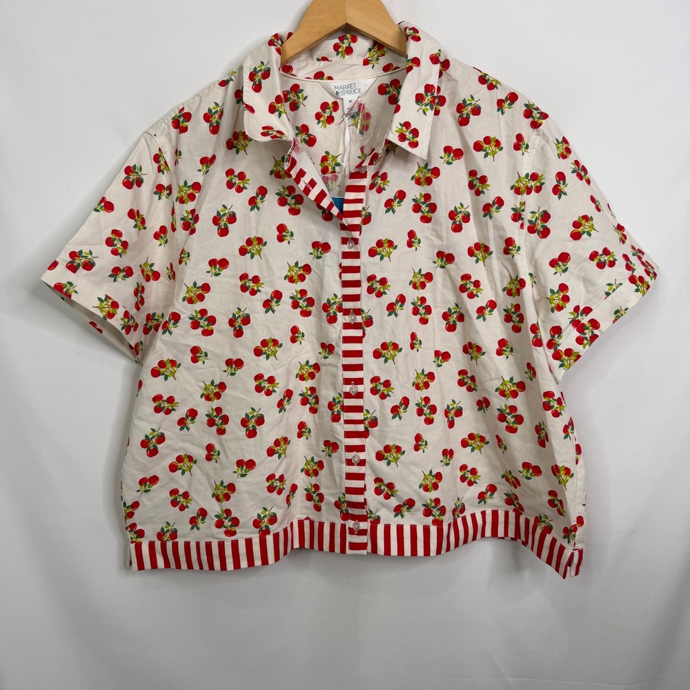 Market & Spruce Court Boxy Crop Cotton Shirt White Red Cherry Print XXL NWT - Picture 3 of 8